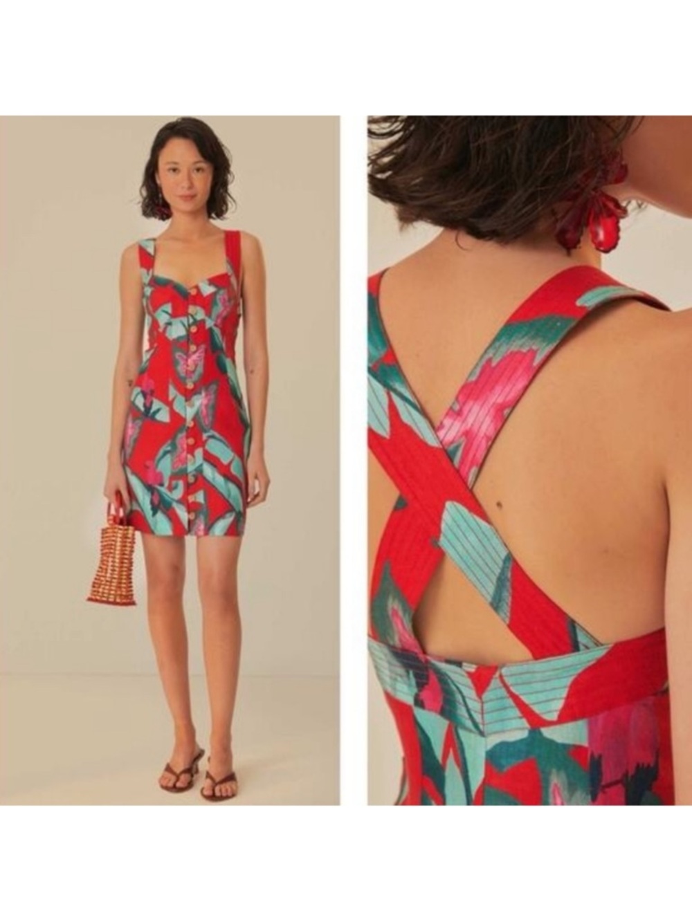 FARM Rio Red & Teal Cross-Back Printed Mini Dress. NWOT